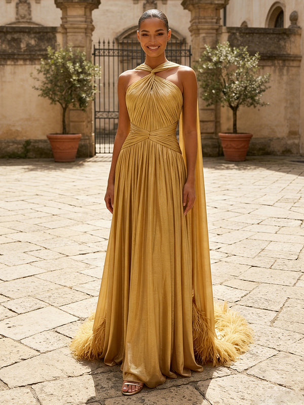 Metallic Satin A-Line/Princess Halter Floor-Length Evening Dresses with Side Draped Sash, Pleats & Feather Train