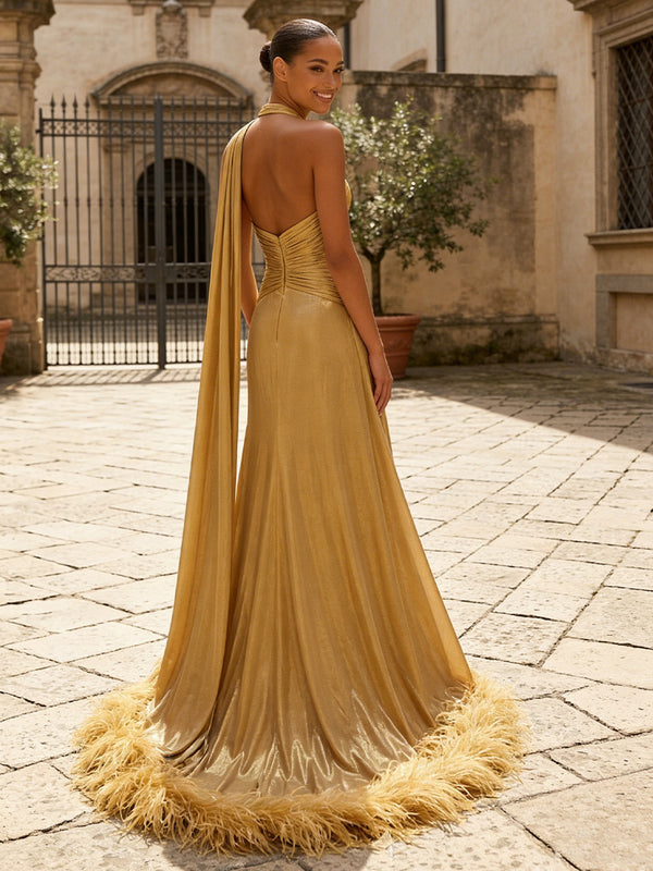 Metallic Satin A-Line/Princess Halter Floor-Length Evening Dresses with Side Draped Sash, Pleats & Feather Train