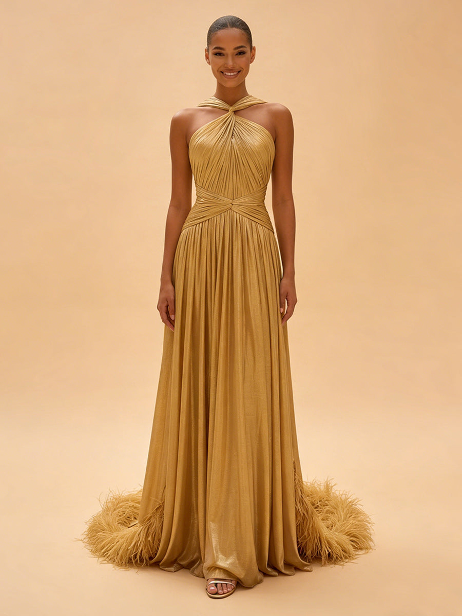 Metallic Satin A-Line/Princess Halter Floor-Length Evening Dresses with Side Draped Sash, Pleats & Feather Train