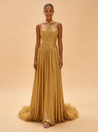 Metallic Satin A-Line/Princess Halter Floor-Length Evening Dresses with Side Draped Sash, Pleats & Feather Train