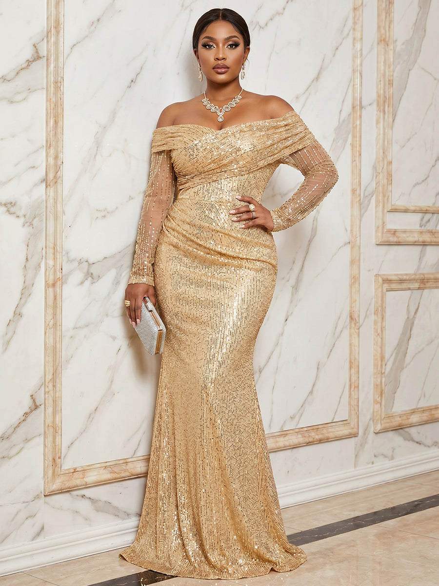 Sequin Mermaid Off the Shoulder Ruched Corset Evening Dresses