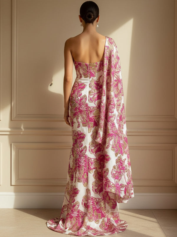 Jacquard Mermaid One Shoulder Cape Corset Evening Dresses