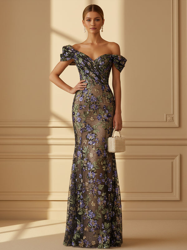 Sequin Floral Mermaid Off the Shoulder Ruched Corset Evening Dresses