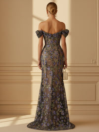 Sequin Floral Mermaid Off the Shoulder Ruched Corset Evening Dresses