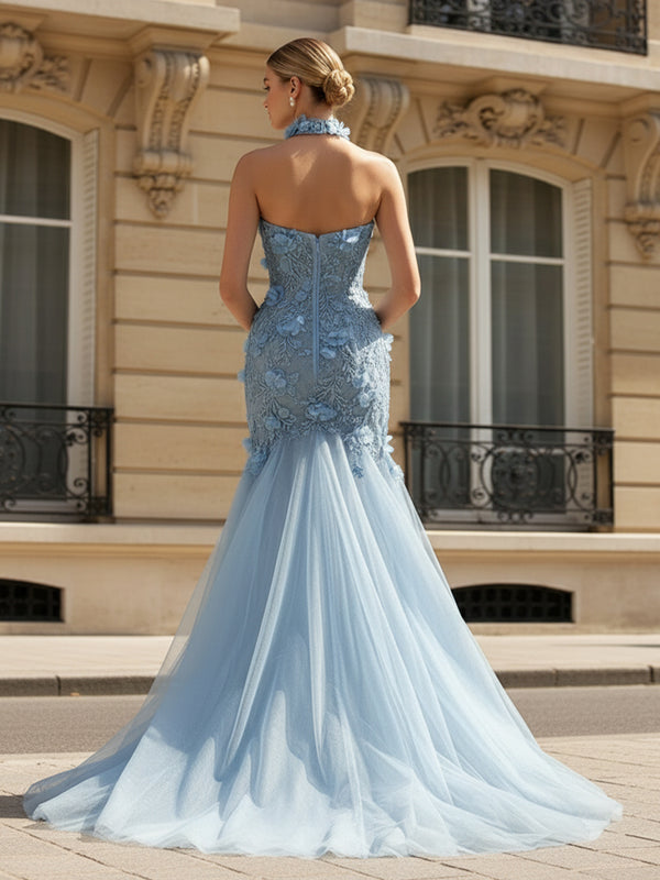 Tulle Mermaid Sweetheart Pleats 3D Flowers Evening Dresses