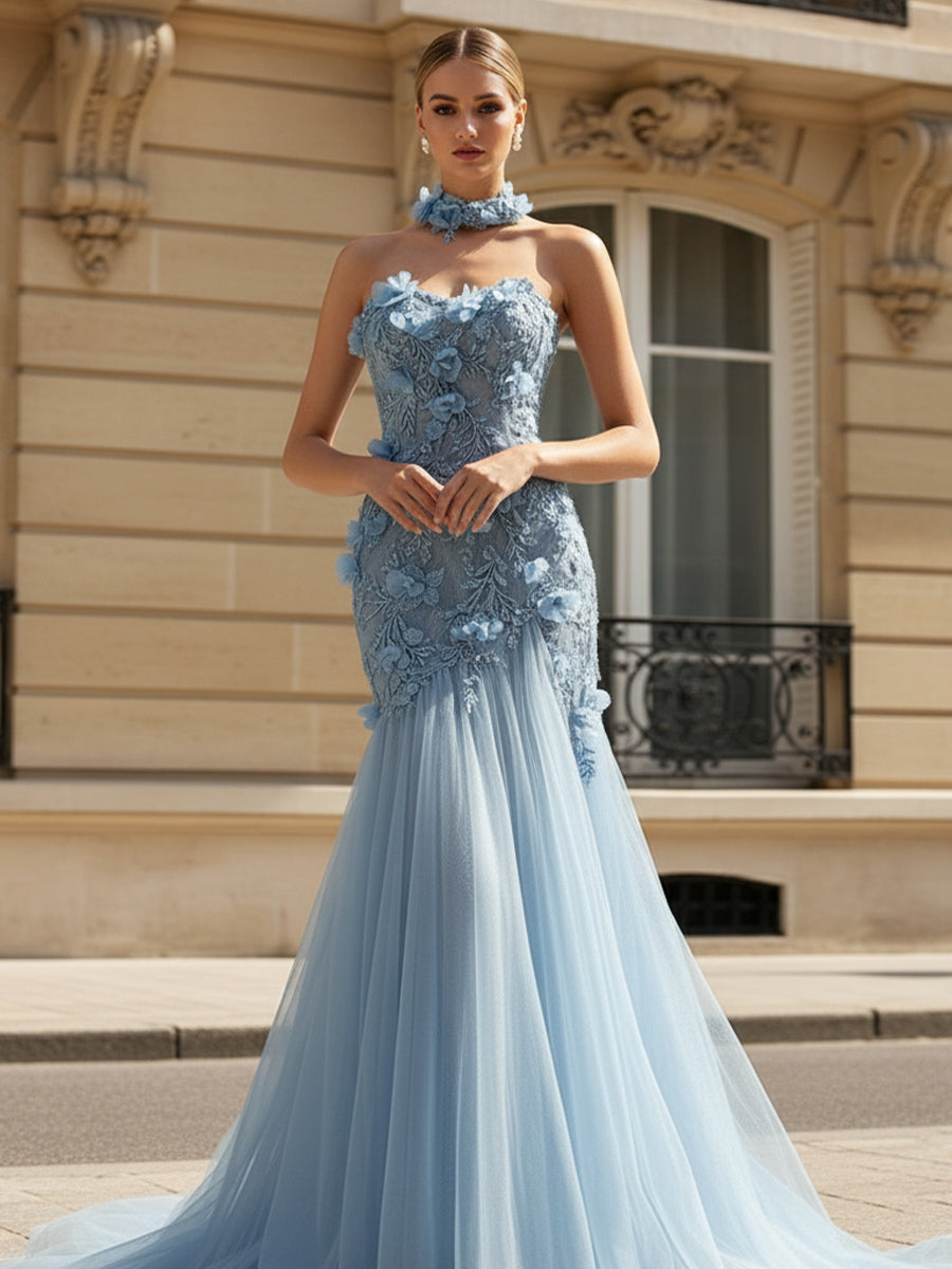 Tulle Mermaid Sweetheart Pleats 3D Flowers Evening Dresses