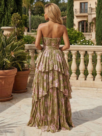 Floral Print A Line Strapless Slit Layered Evening Dresses