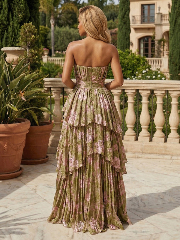 Floral Print A Line Strapless Slit Layered Evening Dresses