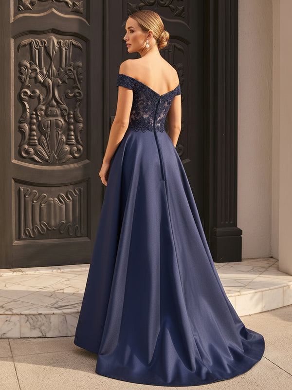 Lace Appliques A Line Off the Shoulder Ruffles Pleats Evening Dresses