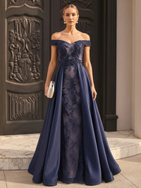 Lace Appliques A Line Off the Shoulder Ruffles Pleats Evening Dresses