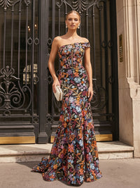 Sequin Floral Mermaid One Shoulder Cut Out Ruched Evening Dresses