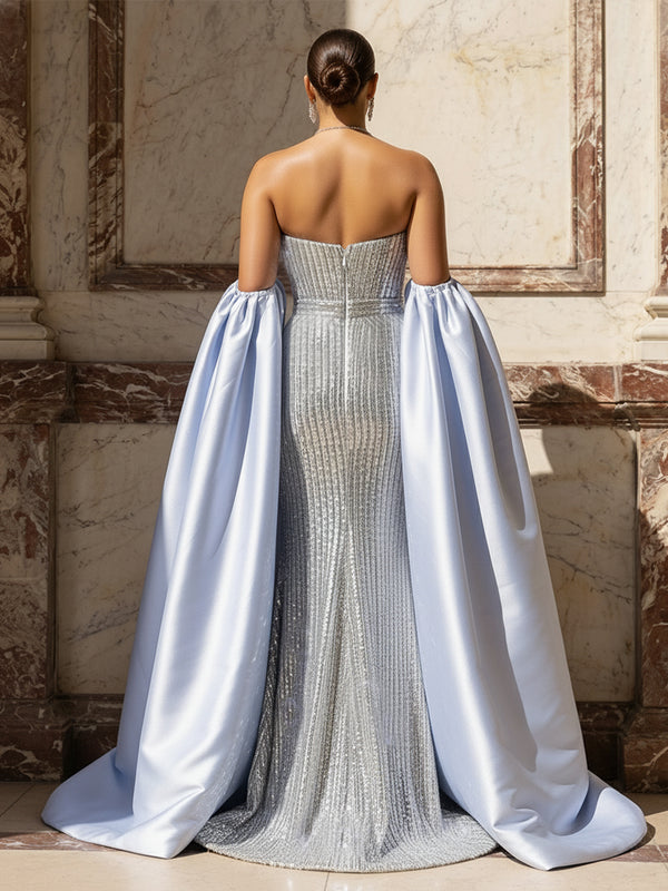 Sequin Strapless Cape 3D Flowers Evening Dresses