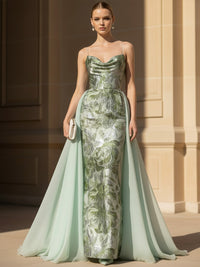 Floral Print A Line Cowl Neck Spaghetti Straps Ruched Evening Dresses