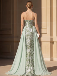 Floral Print A Line Cowl Neck Spaghetti Straps Ruched Evening Dresses