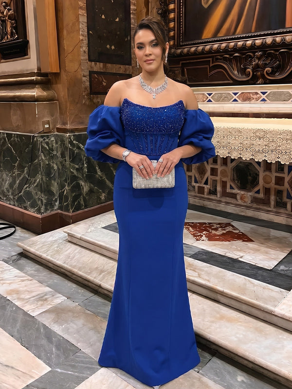 Satin Mermaid Off the Shoulder Corset Ruffles Evening Dresses
