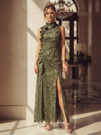 Sequin Floral A Line Scoop Neck Ruffles Slit Evening Dresses