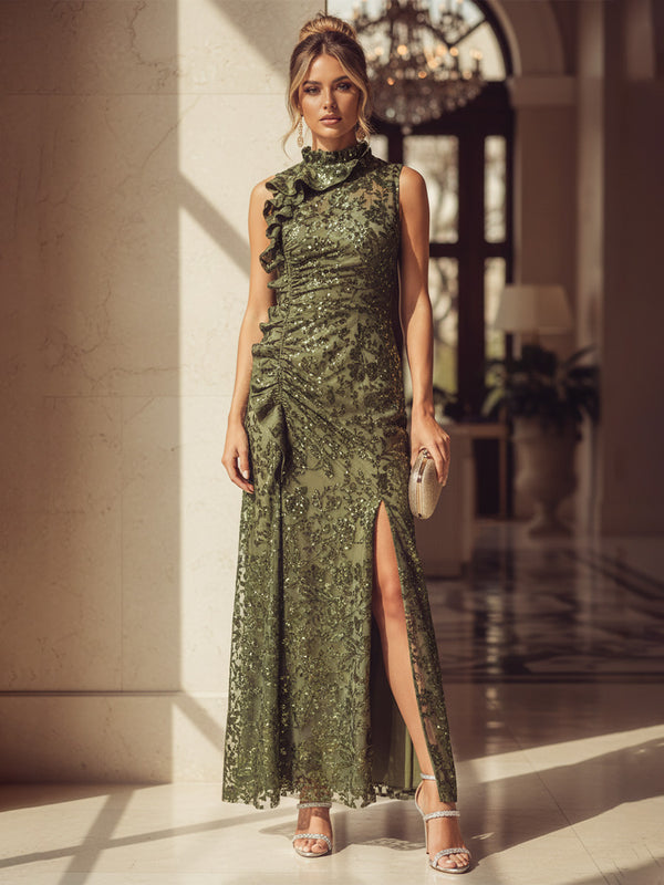 Sequin Floral A Line Scoop Neck Ruffles Slit Evening Dresses