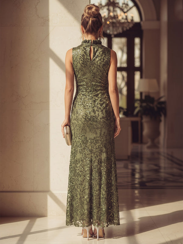 Sequin Floral A Line Scoop Neck Ruffles Slit Evening Dresses