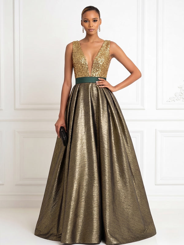 Metallic Satin A Line V Neck Pleats Corset Evening Dresses