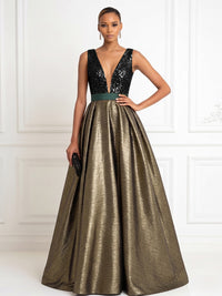 Metallic Satin A Line V Neck Pleats Corset Evening Dresses
