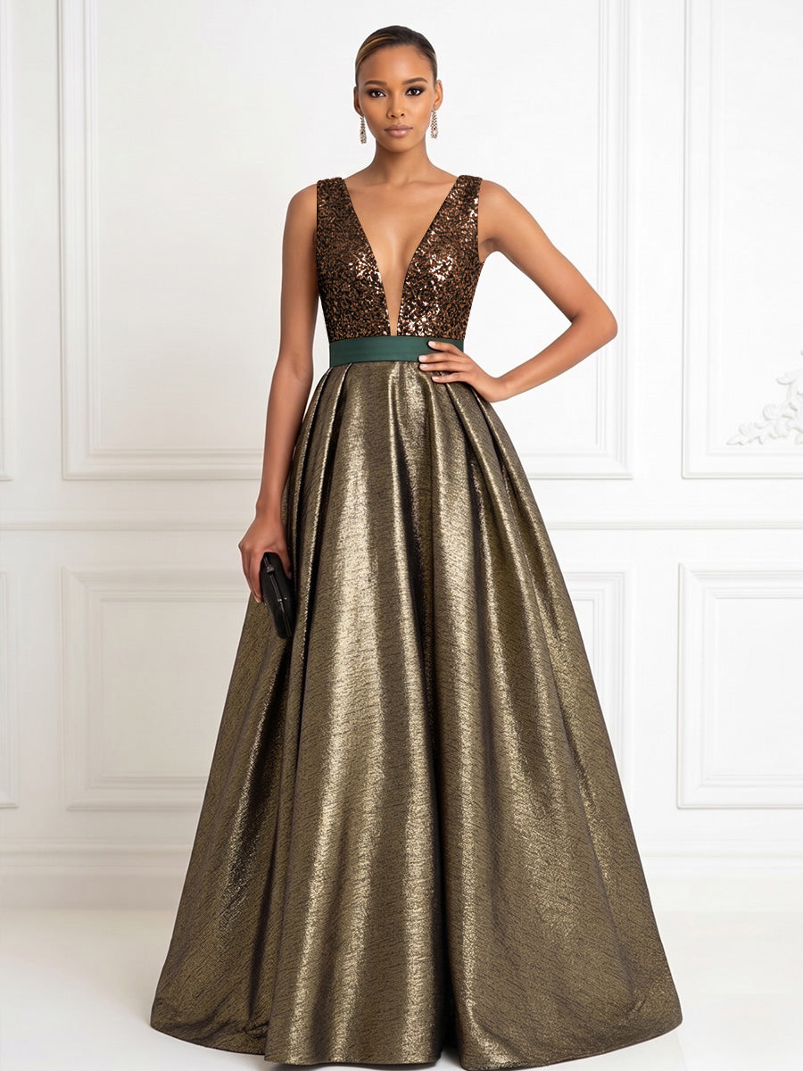 Metallic Satin A Line V Neck Pleats Corset Evening Dresses