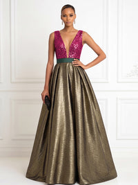 Metallic Satin A Line V Neck Pleats Corset Evening Dresses