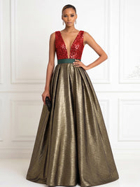 Metallic Satin A Line V Neck Pleats Corset Evening Dresses