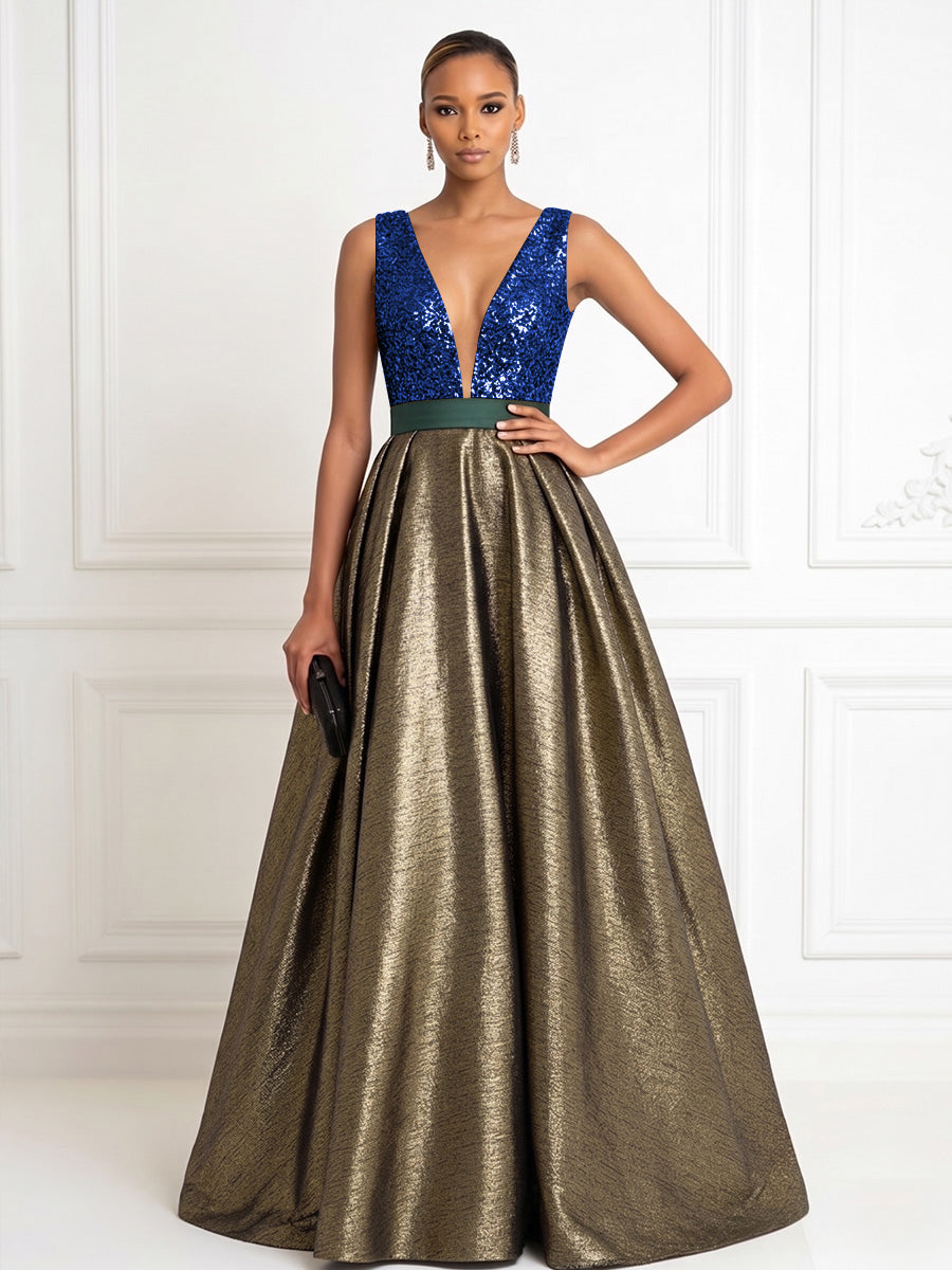 Metallic Satin A Line V Neck Pleats Corset Evening Dresses