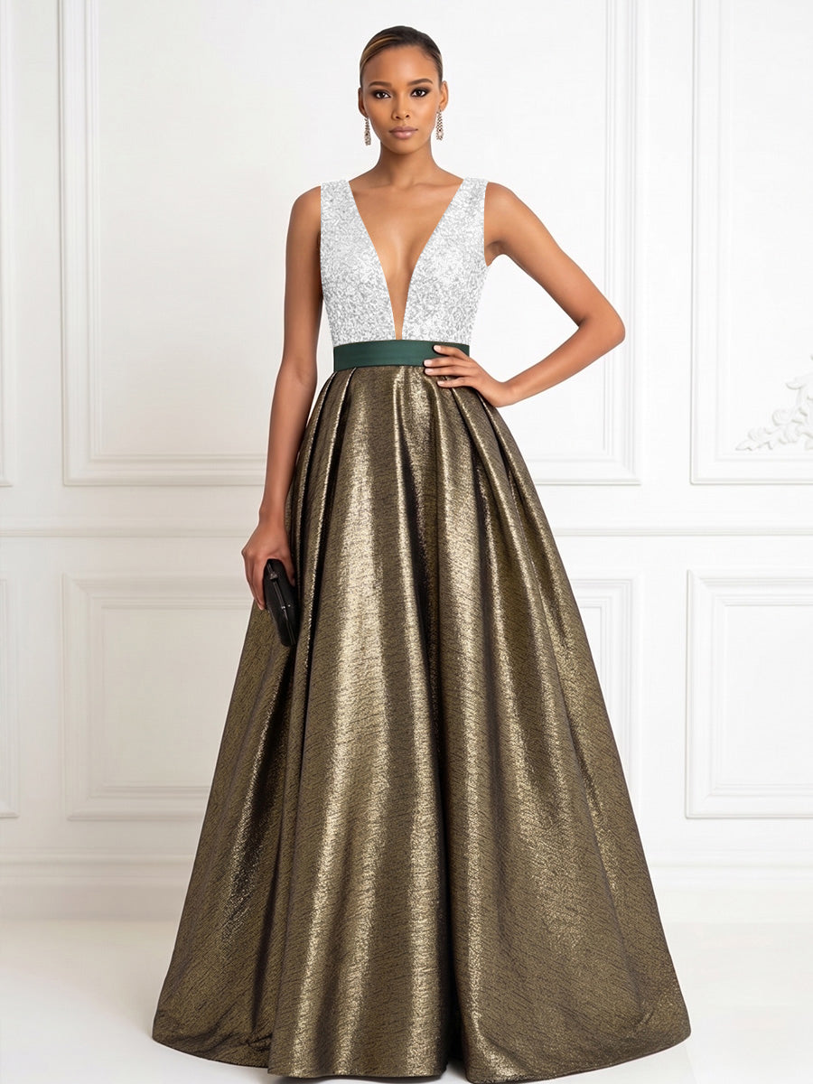 Metallic Satin A Line V Neck Pleats Corset Evening Dresses