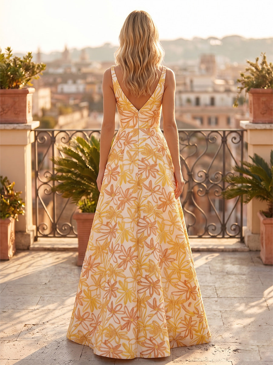 Floral Print A Line V Neck Ruched 3D Flowers Evening Dresses