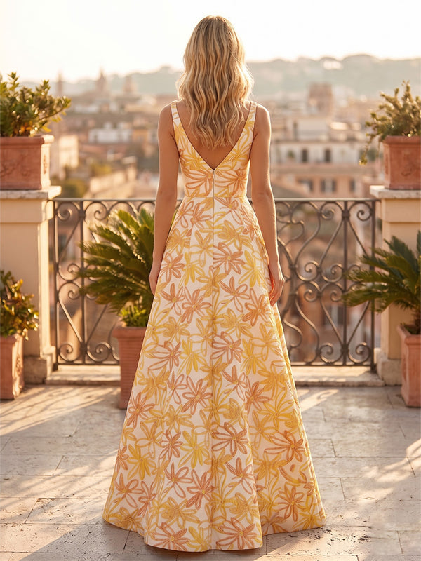 Floral Print A Line V Neck Ruched 3D Flowers Evening Dresses