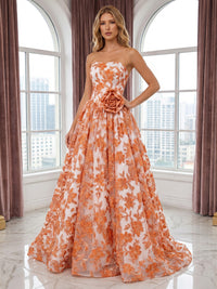 Lace Appliques A Line Strapless 3D Flowers Ruched Evening Dresses