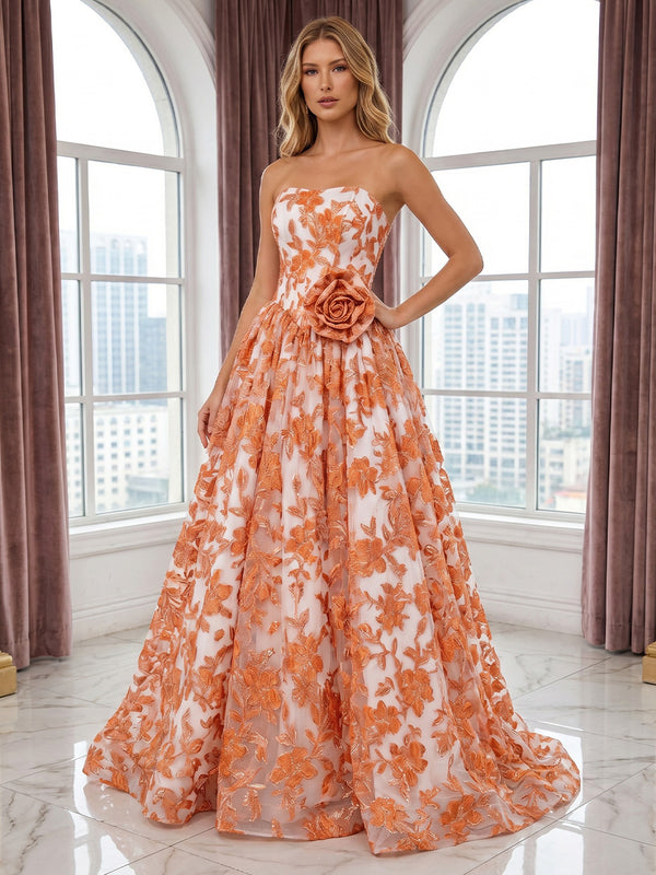 Lace Appliques A Line Strapless 3D Flowers Ruched Evening Dresses