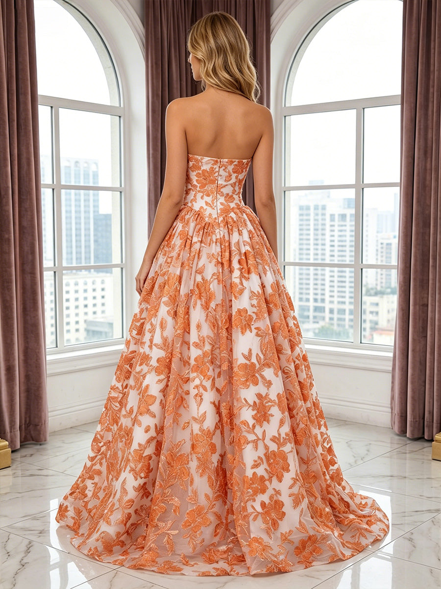 Lace Appliques A Line Strapless 3D Flowers Ruched Evening Dresses