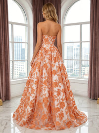 Lace Appliques A Line Strapless 3D Flowers Ruched Evening Dresses