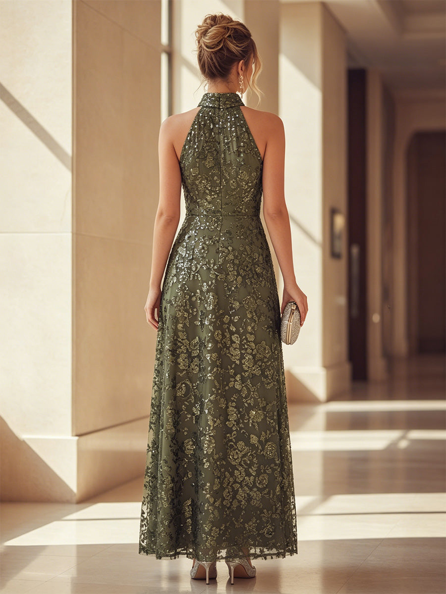 Sequin Floral A Line Scoop Neck Ruched Corset Evening Dresses