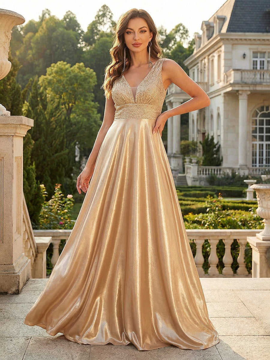 Metallic Satin A Line V Neck Pleats Ruched Evening Dresses