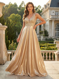 Metallic Satin A Line V Neck Pleats Ruched Evening Dresses