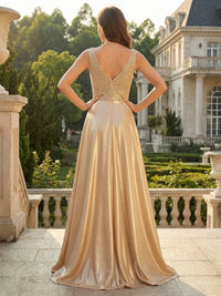 Metallic Satin A Line V Neck Pleats Ruched Evening Dresses