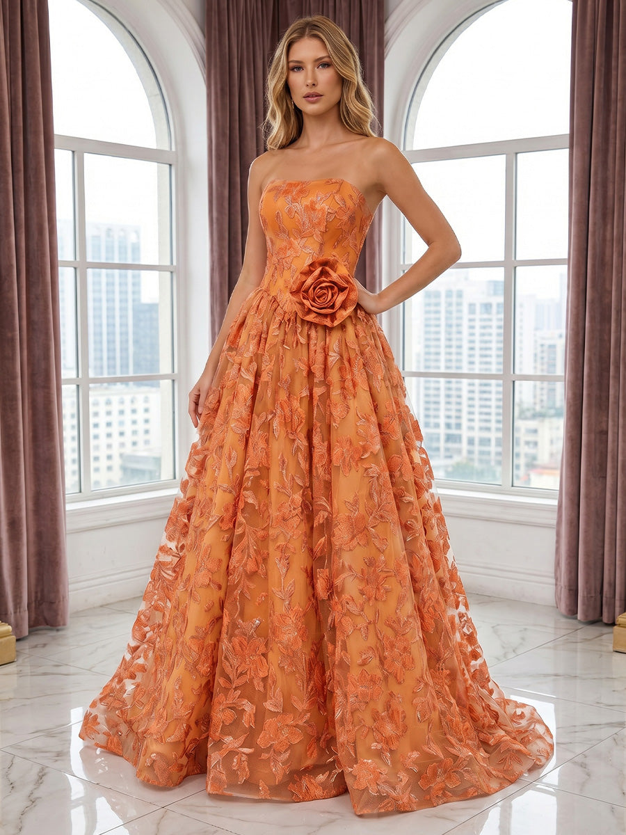 Lace Appliques A Line Strapless 3D Flowers Ruched Evening Dresses