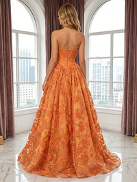 Lace Appliques A Line Strapless 3D Flowers Ruched Evening Dresses