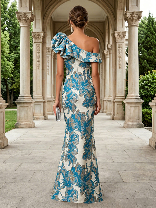 Floral Print Mermaid/Trumpet Off Shoulder Floor-Length Evening Dresses with Ruffles