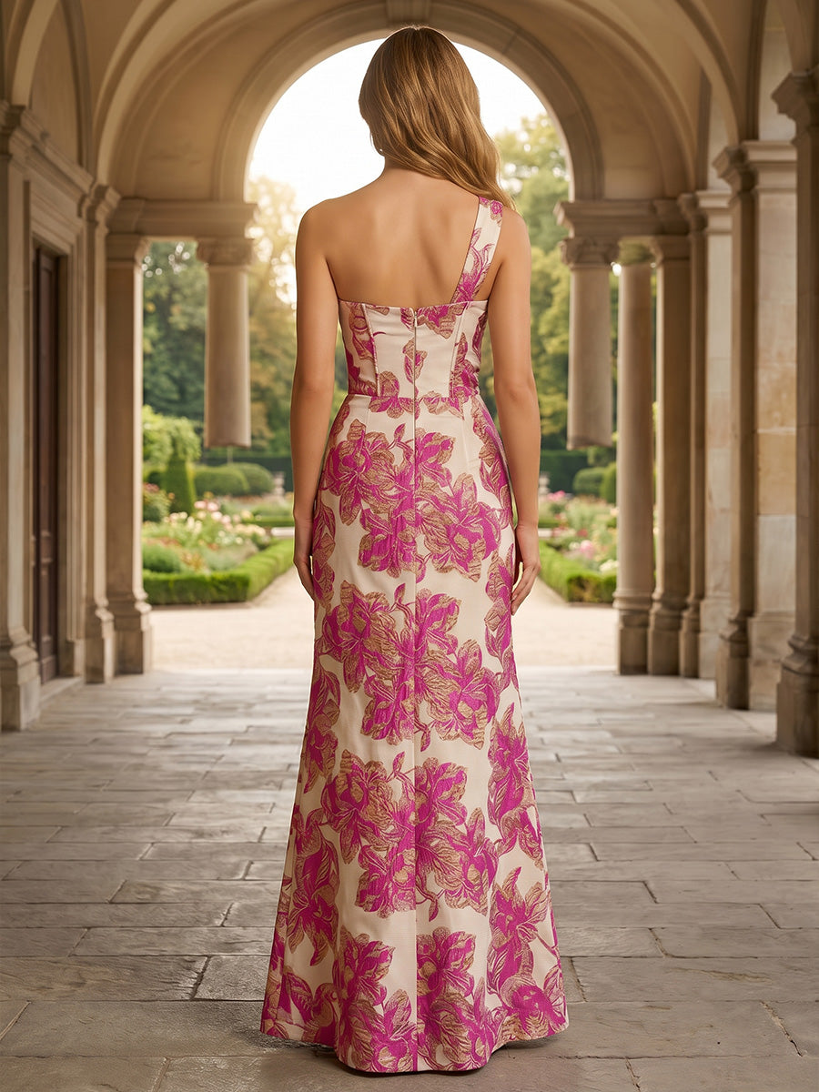 Floral Print Sheath/Column One Shoulder Floor-Length Evening Dresses with Ruched Waist & Slit