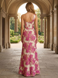Floral Print Sheath/Column One Shoulder Floor-Length Evening Dresses with Ruched Waist & Slit