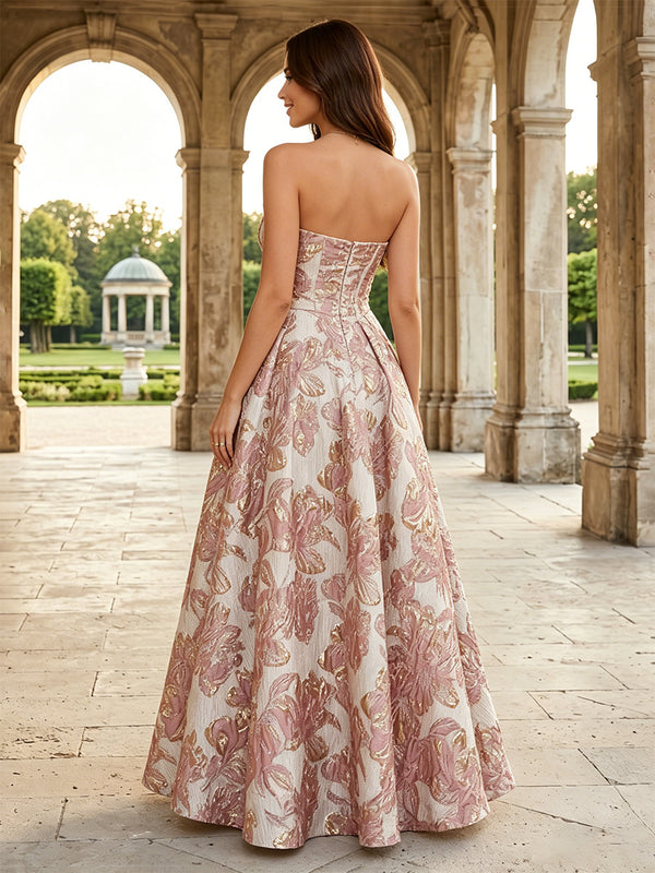 Jacquard A-Line/Princess Strapless Floor-Length Evening Dresses with Corset Bodice