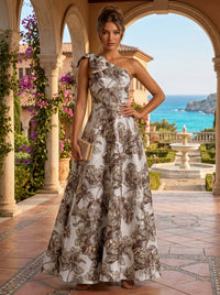 Jacquard A-Line/Princess One Shoulder Floor-Length Evening Dresses with Bow