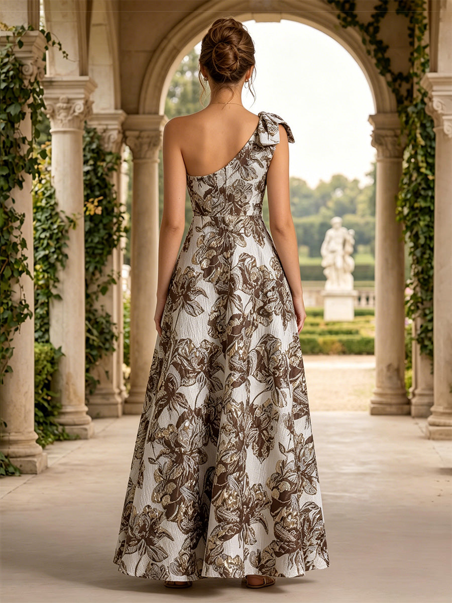 Jacquard A-Line/Princess One Shoulder Floor-Length Evening Dresses with Bow