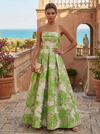 Floral Print A-Line/Princess Strapless Floor-Length Evening Dresses with Ruched Waist