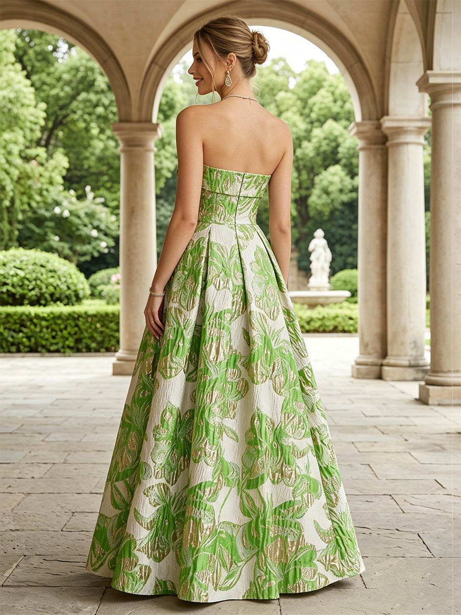 Floral Print A-Line/Princess Strapless Floor-Length Evening Dresses with Ruched Waist