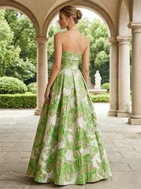 Floral Print A-Line/Princess Strapless Floor-Length Evening Dresses with Ruched Waist